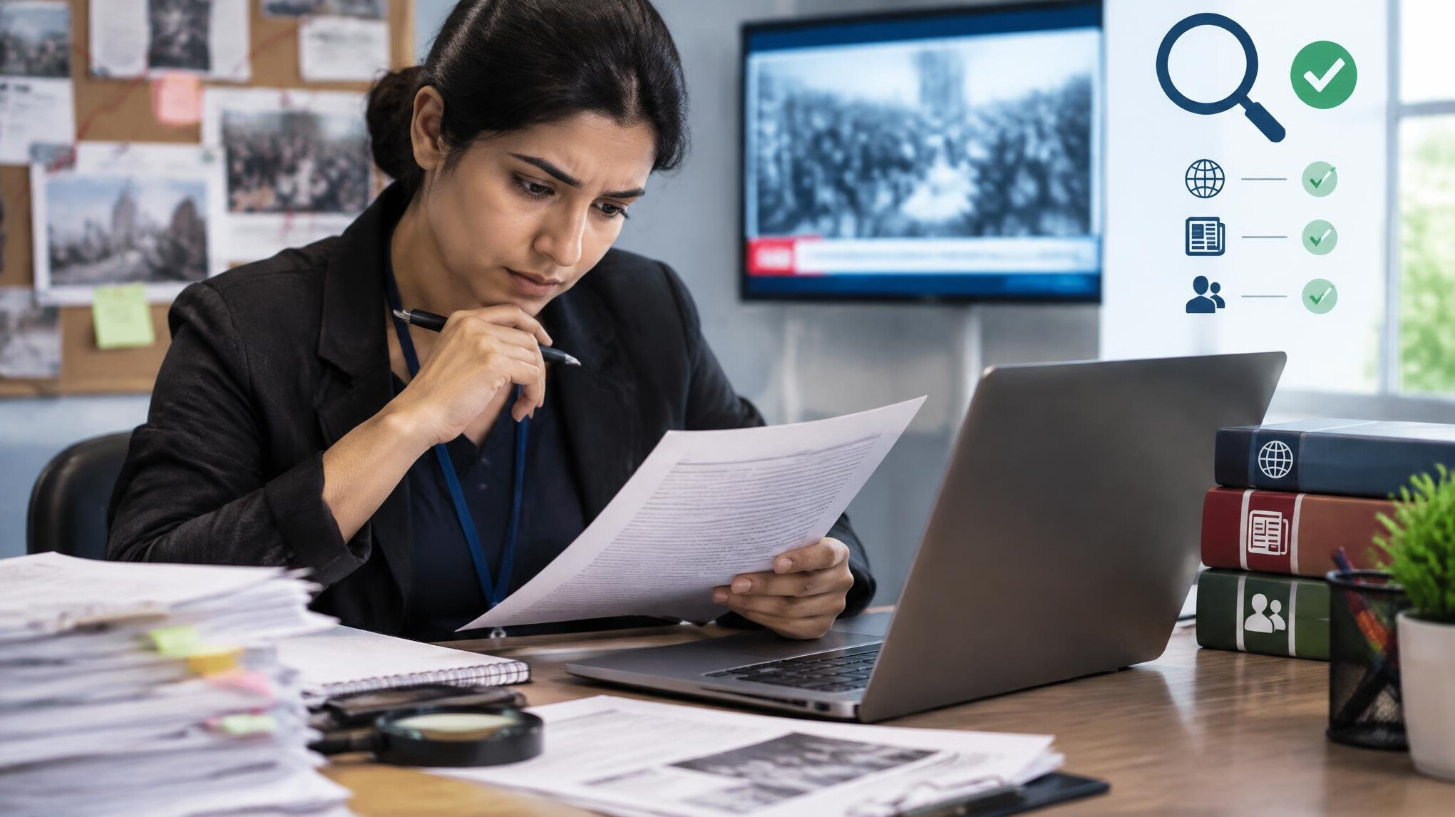 fact checker reviewing documents