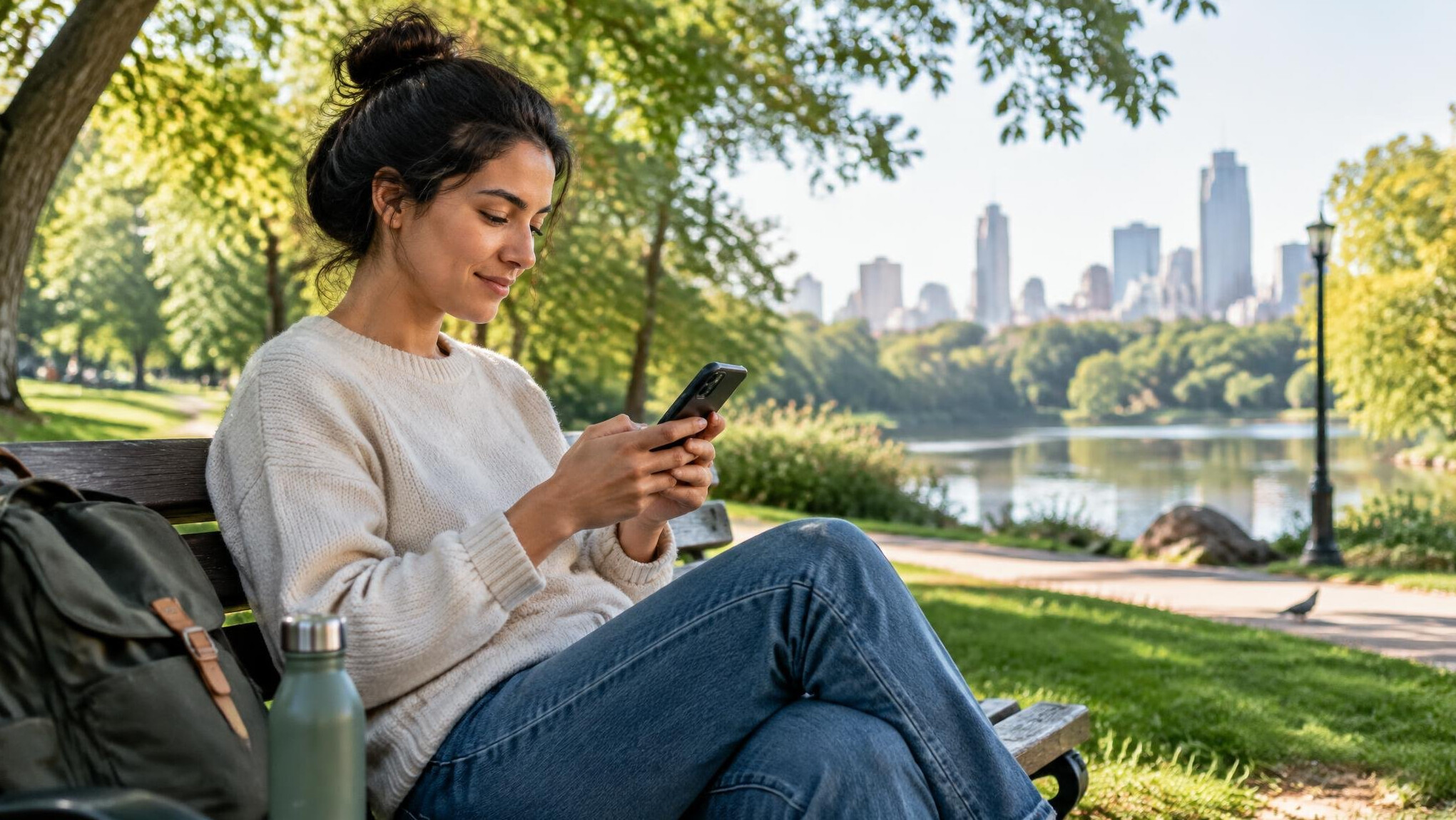 person using smartphone in park